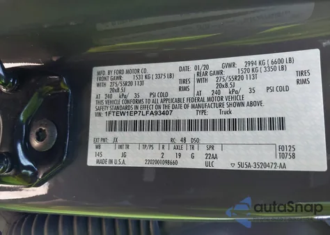 2020 Ford F-150 Xl from USA, damaged, VIN 1FTEW1EP7LFA93407